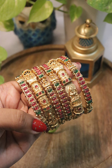 Antique Lakshmi Temple Gold Bangles Set of 6 with Ruby & Emerald Stones