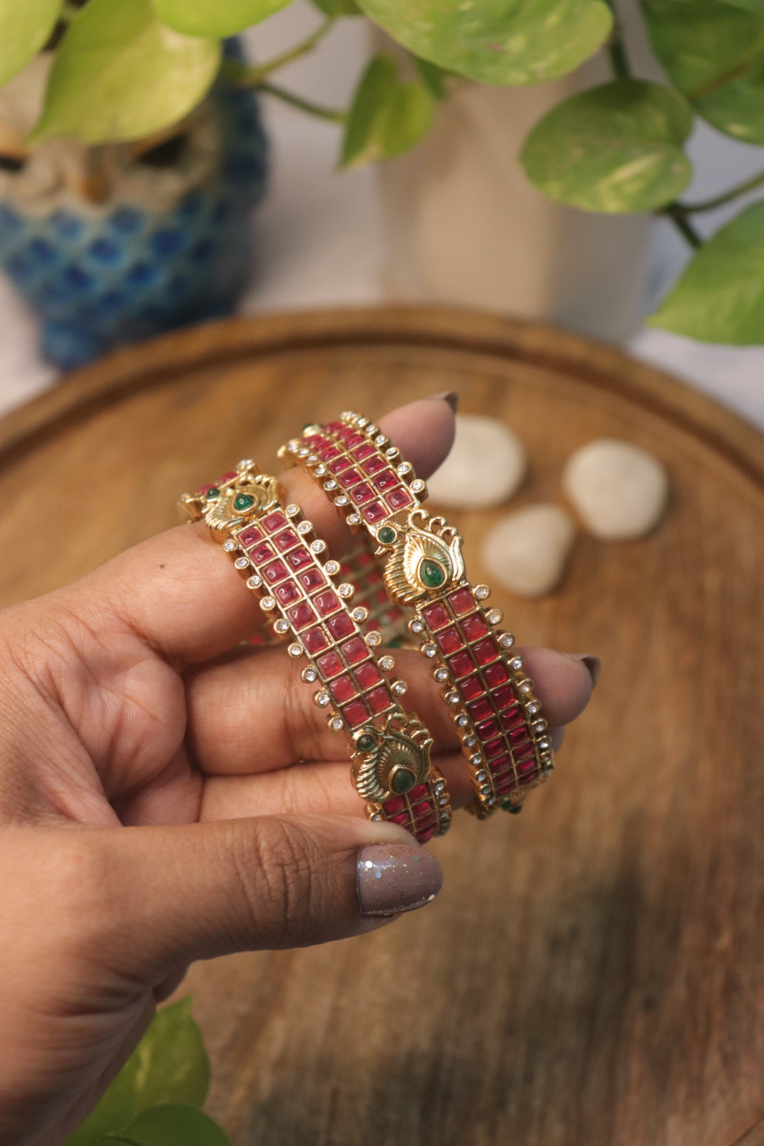 Regal Peacock Ruby Bangles with Emerald Detailing