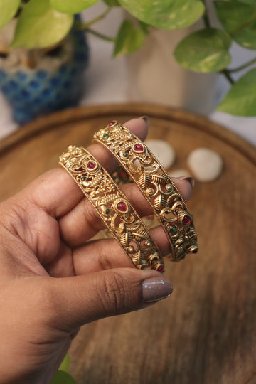 Regal Peacock Motif Antique Gold Bangles with Ruby & Emerald Accents