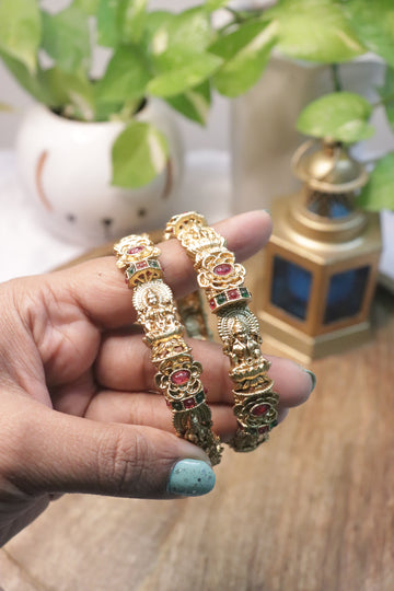 Antique Lakshmi Gold Bangles with Ruby and Emerald Stones