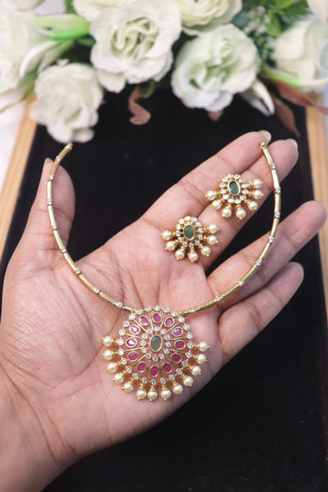 Regal Blossom AD Stone Pearl Necklace Set