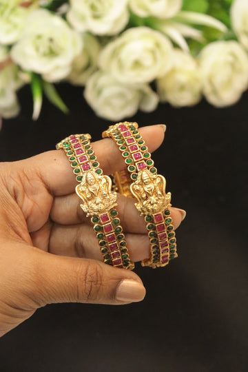 Divine Lakshmi Pink & Green Stone Antique Bangles