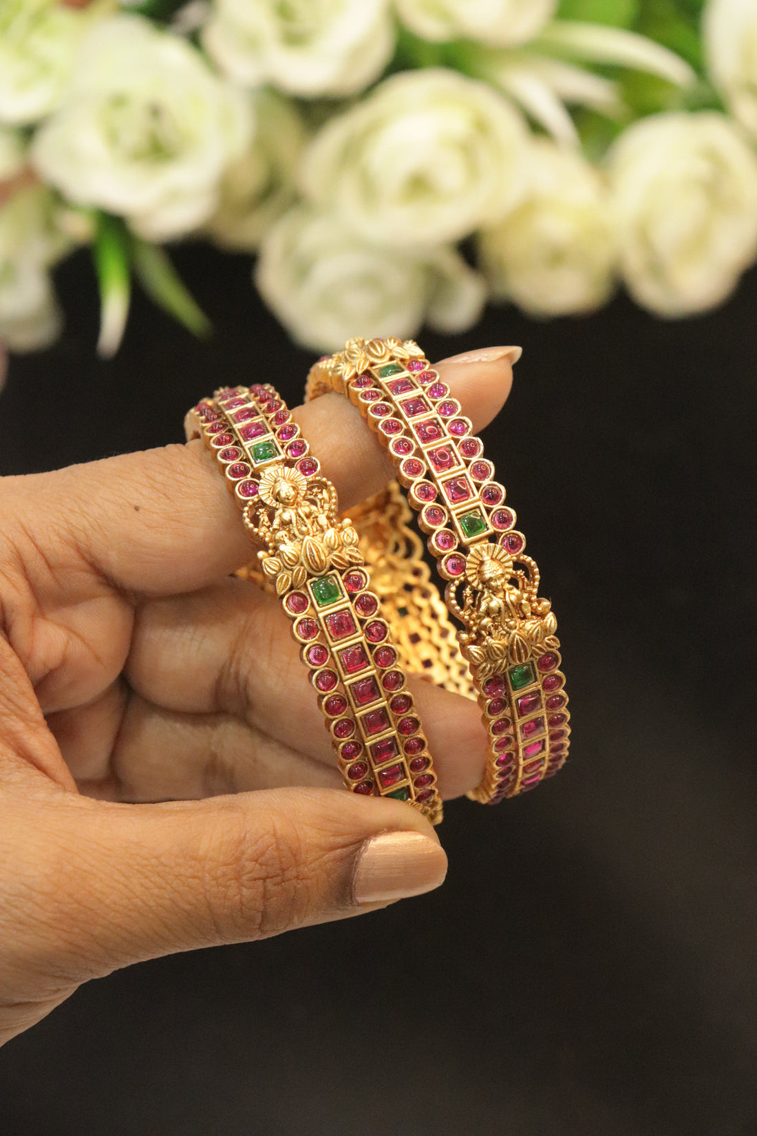 Royal Pink & Green Stone Lakshmi Antique Bangles