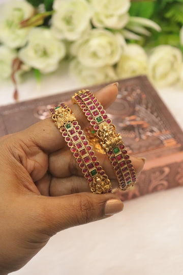 Royal Pink & Green Stone Lakshmi Antique Bangles