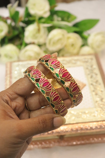Pink Lotus Enamel Antique Bangles