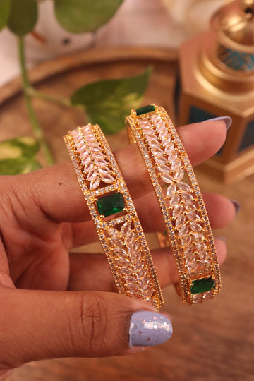Regal Emerald & CZ Leaf Bangles in Luxe Microplated Gold Finish