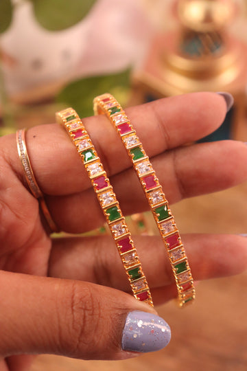 Ruby, Emerald & CZ Stone Bangles in Gold Finish – Set of 2