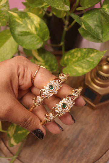Peacock & Lotus Motif Bangles with Emerald and Ruby Accents – Set of 2