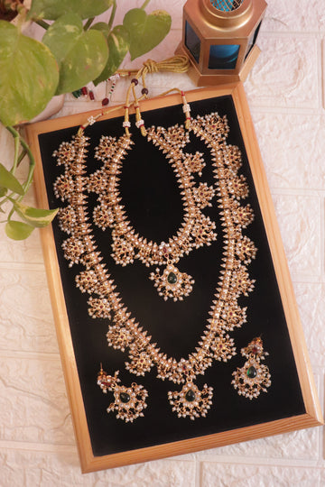 Matte Floral Kemp Pearl Drop Long Necklace Set