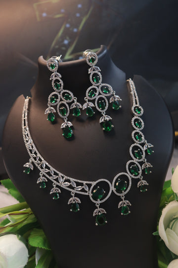 Aaradhya Luxe Sparkle AD Necklace Set with Earrings - Green