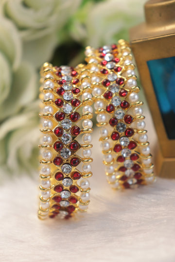 Traditional Kemp Stone & Pearl Bharatanatyam Bangles – Red and White Temple Jewellery