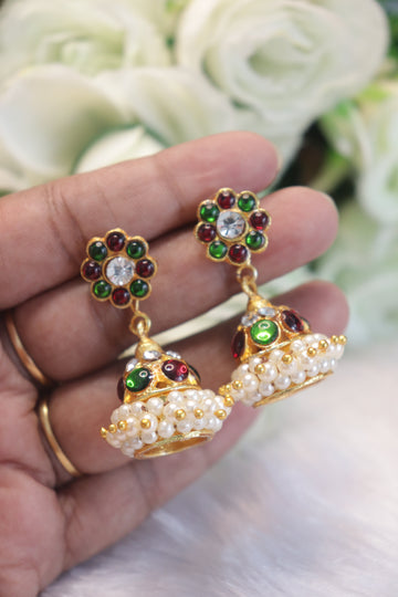 Nritya Tricolour Kemp Jhumka – Traditional Bharatanatyam Earrings