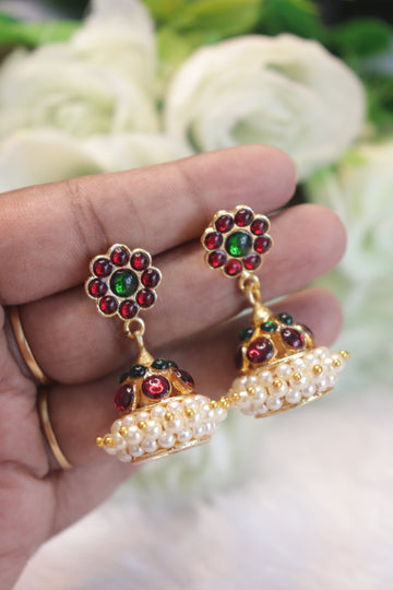 Nritya Kemp Jhumka – Red & Green Stone Bharatanatyam Earrings