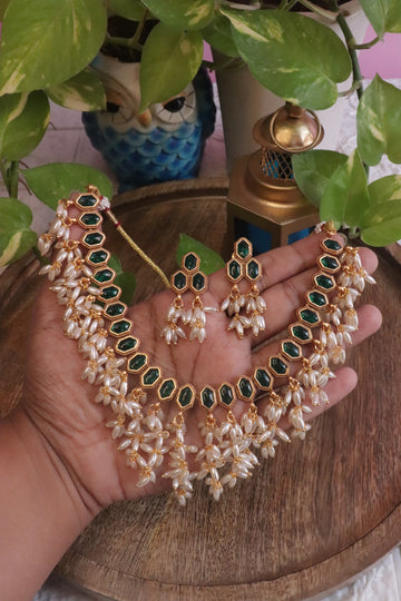 Hexa-Stone Pearl Matte Necklace Set (Ruby / Emerald)