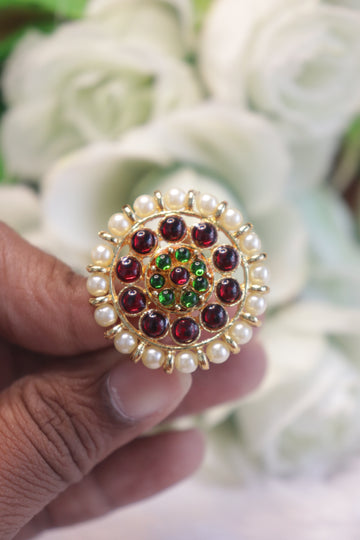 Nritya Kemp Finger Ring – Red & Green Adjustable Bharatanatyam Jewellery