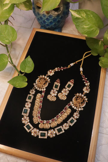Mahalakshmi Emerald Coin Matte Necklace Set