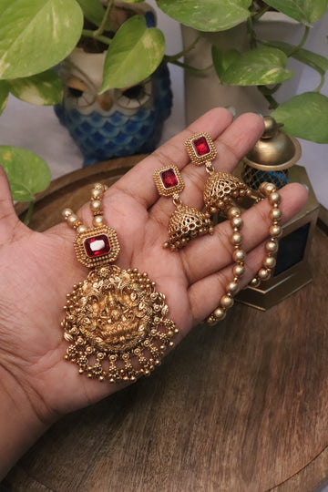 Antique Lakshmi Mid Haram with Majestic Carved Temple Pendant