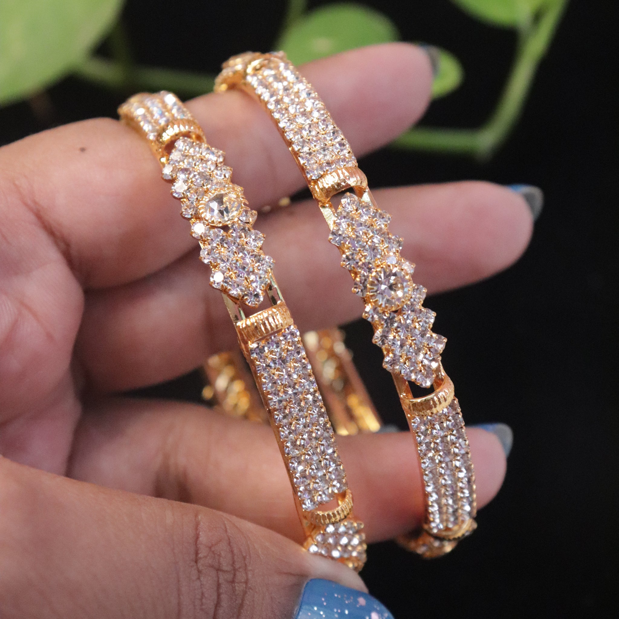 Classic CZ Encrusted Broad Bangles in Gold Finish – Set of 2