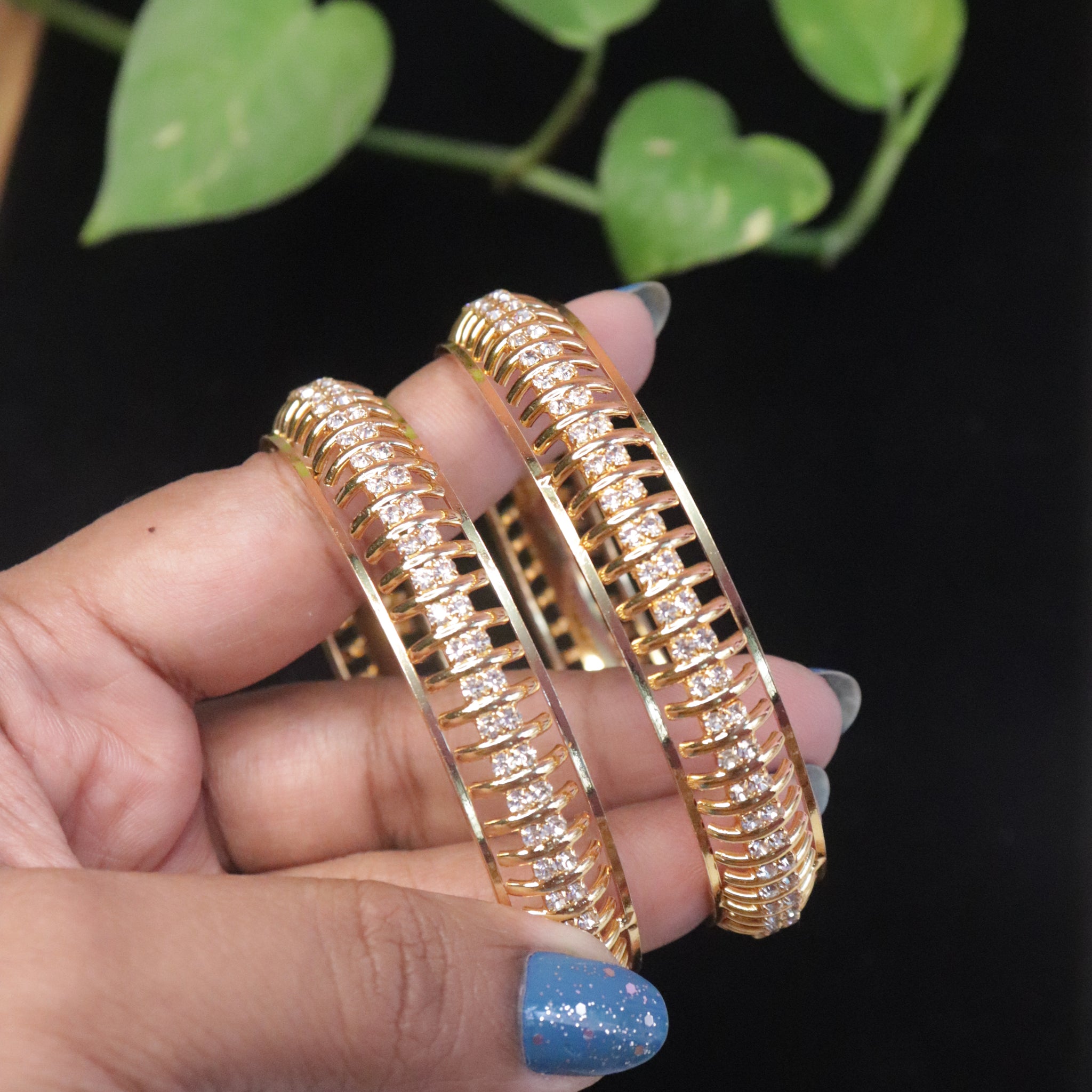 Elegant Open-Style CZ Broad Bangles in Gold Finish – Set of 2