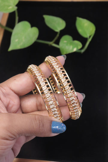 Elegant Open-Style CZ Broad Bangles in Gold Finish – Set of 2