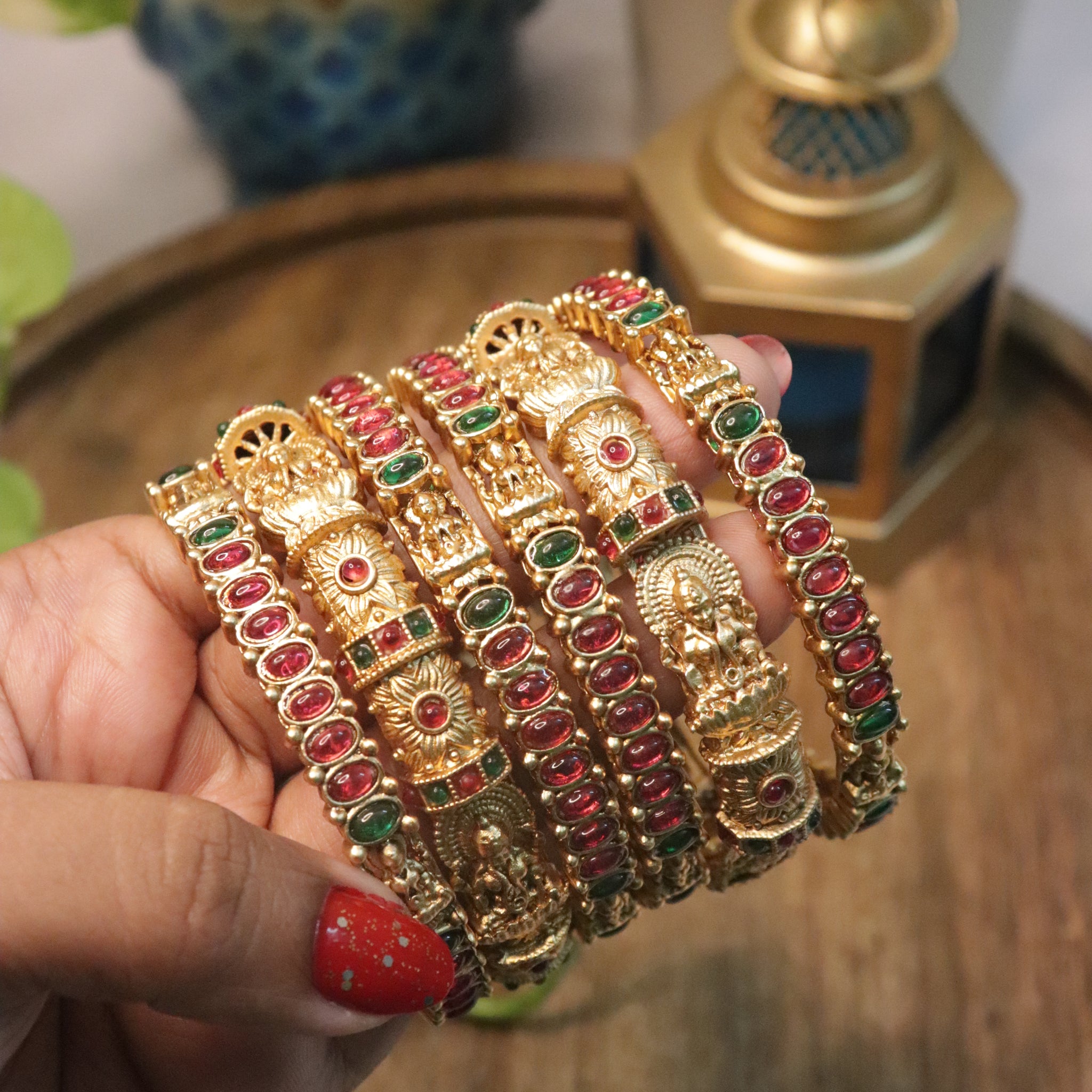 Antique Lakshmi Temple Gold Bangles Set of 6 with Ruby & Emerald Stones