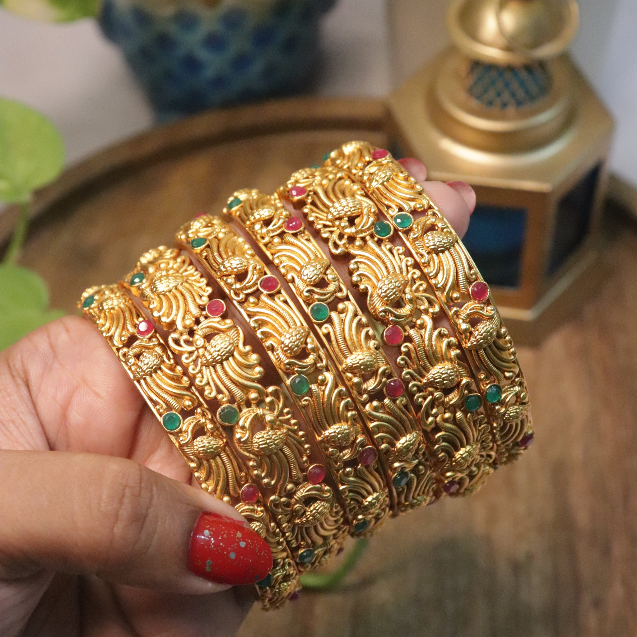 Antique Peacock Design Gold Bangles Set of 6 with Ruby & Emerald Stones
