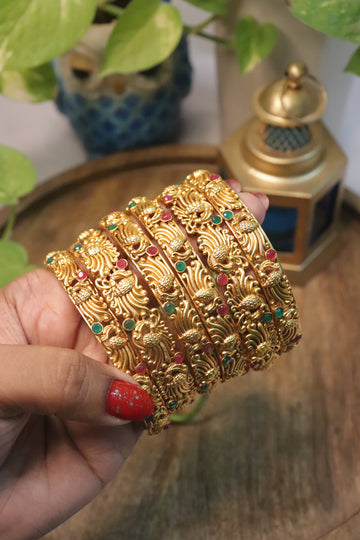 Antique Peacock Design Gold Bangles Set of 6 with Ruby & Emerald Stones