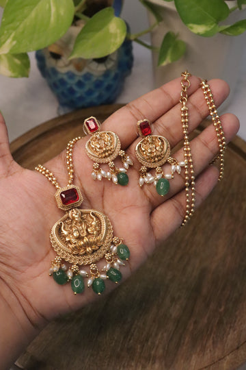 Antique Lakshmi Mid Haram with Lotus-Carved Temple Pendant