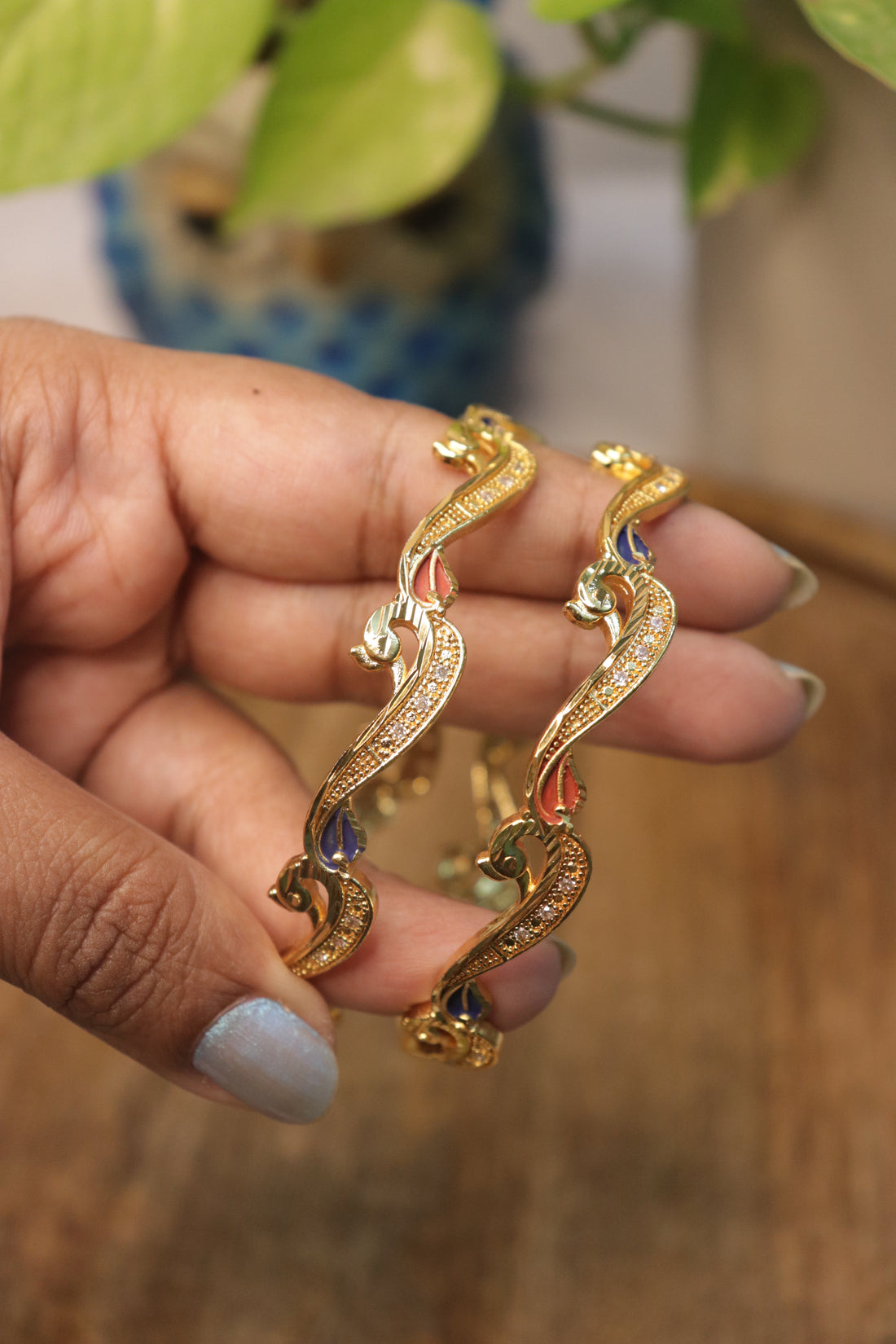 Enamel Peacock AD Microplated Bangles – Set of 2