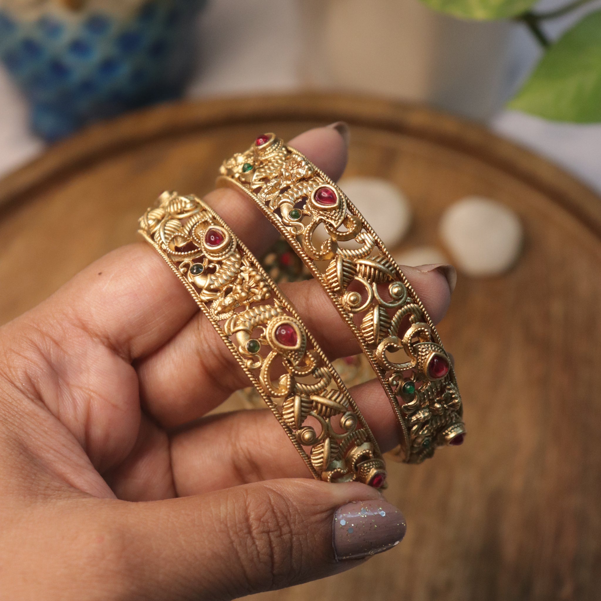 Regal Peacock Motif Antique Gold Bangles with Ruby & Emerald Accents