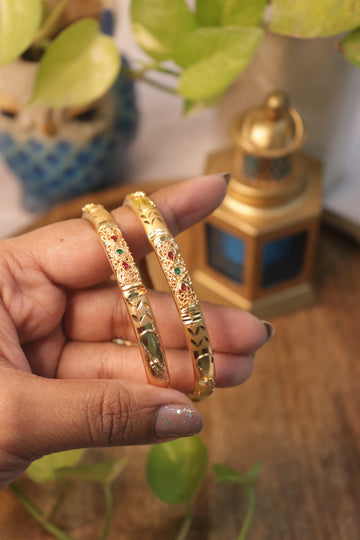 Ruby–Emerald Bloom Microplated Bangle Set (Set of 2)