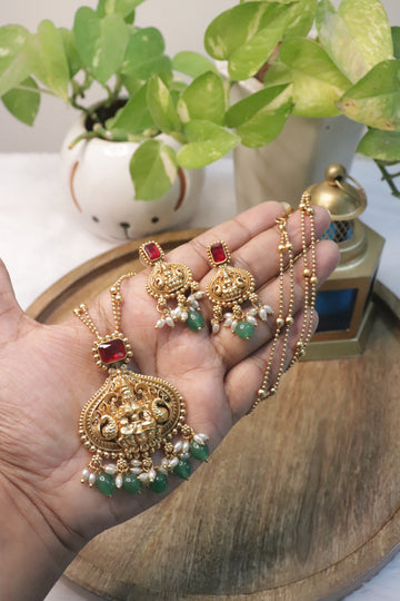 Antique Lakshmi Mid Haram with Ornate Peacock Temple Pendant