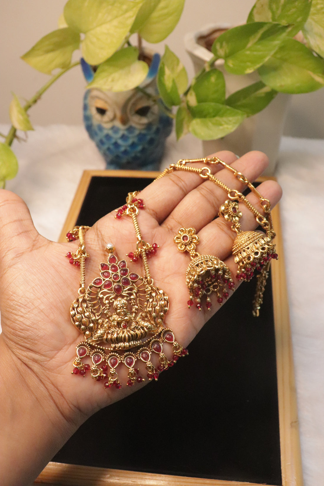 Antique Lakshmi Heritage Necklace Set with Ornate Lotus Pendant