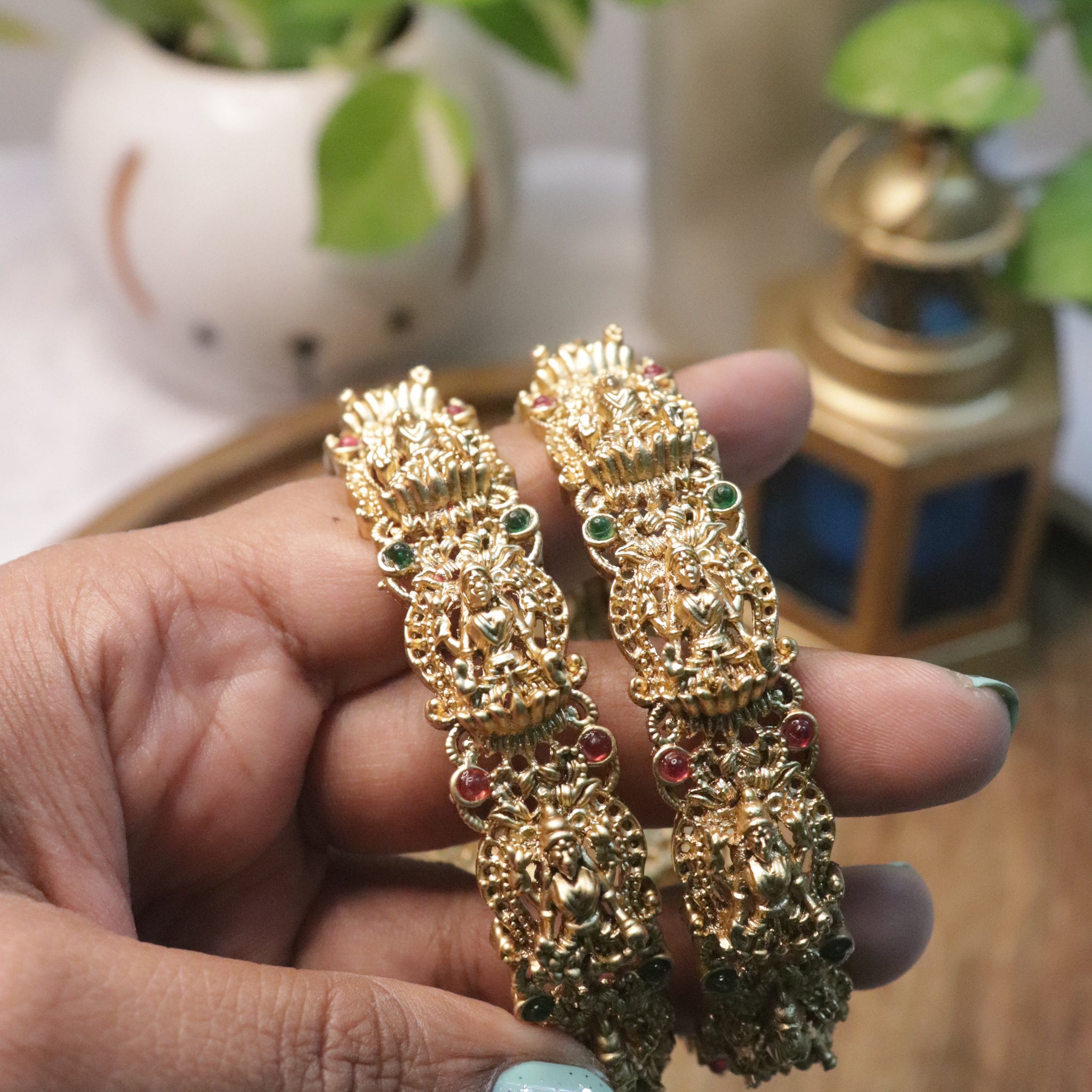 Divine Lakshmi Antique Bangles with Ruby and Emerald Stones
