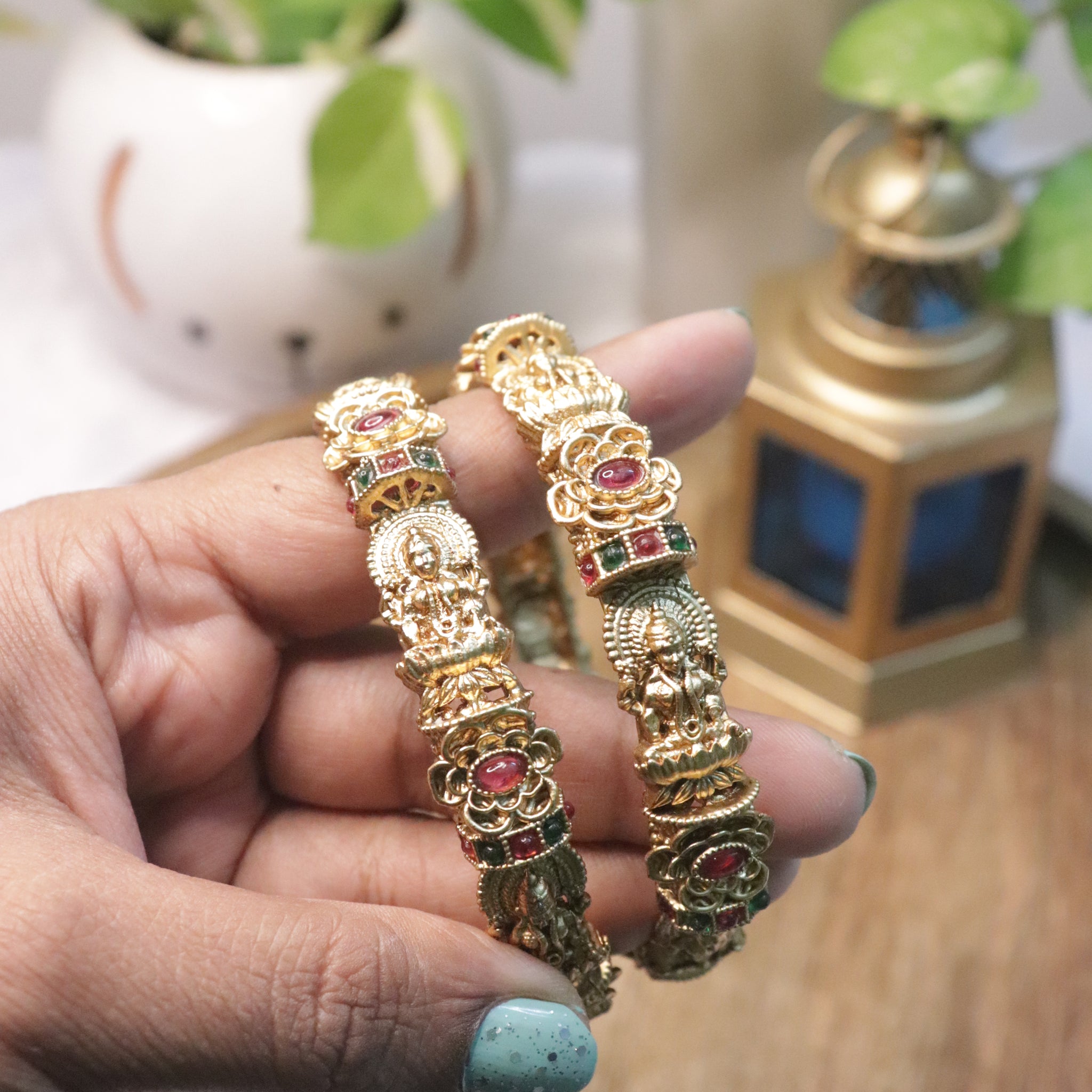 Antique Lakshmi Gold Bangles with Ruby and Emerald Stones