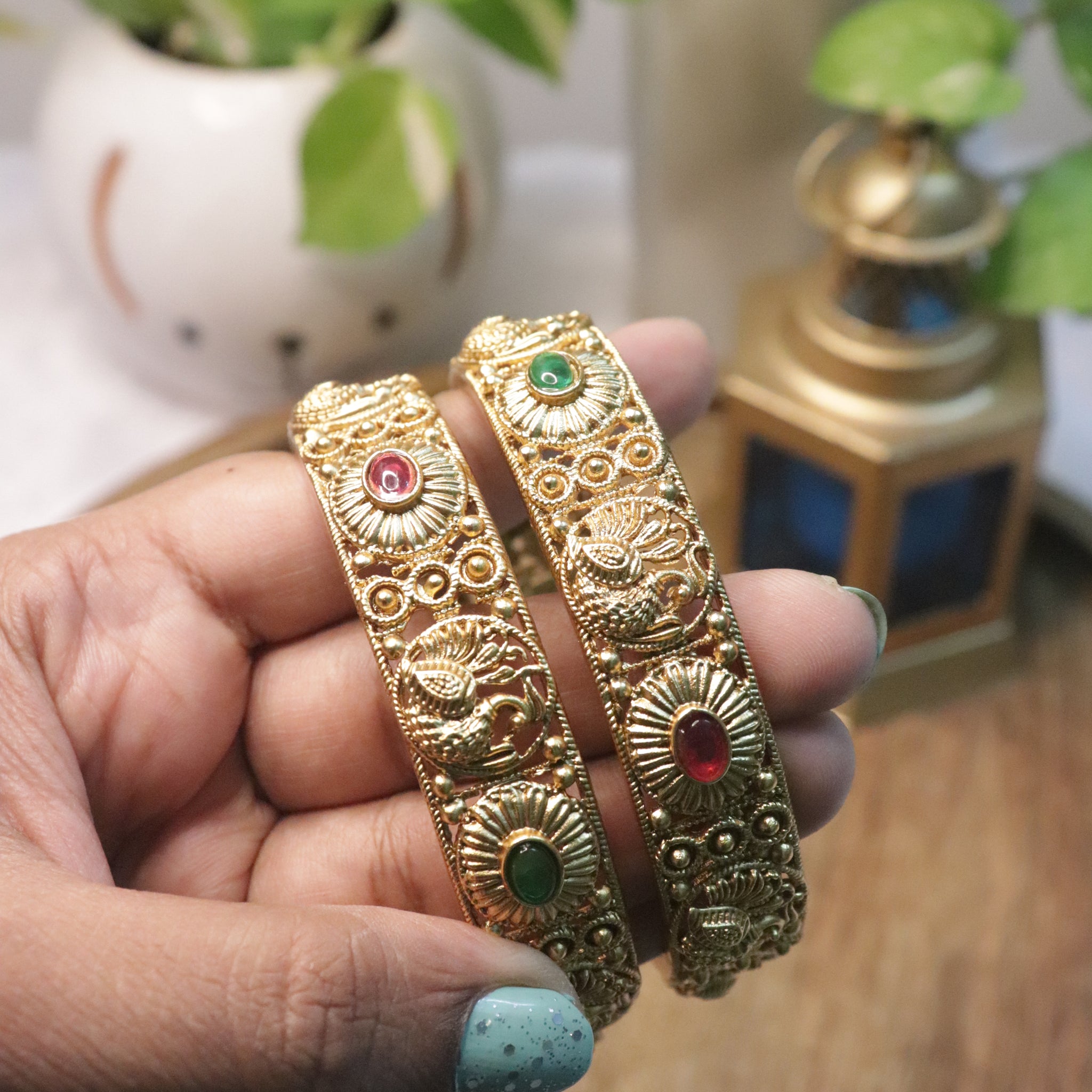 Antique Peacock Design Gold Bangles with Ruby and Emerald Stones