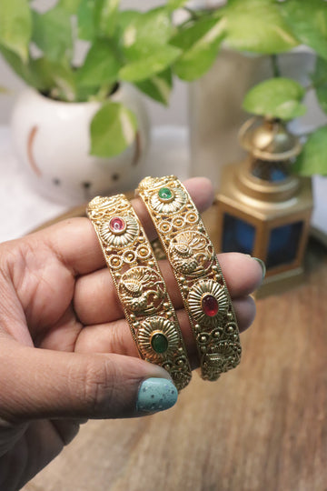 Antique Peacock Design Gold Bangles with Ruby and Emerald Stones