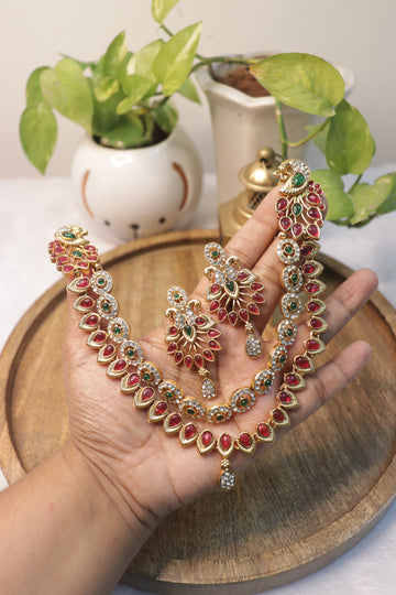 Mayura Ruby-Emerald Matte Bridal Necklace Set