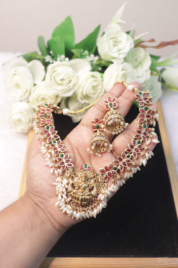 Lakshmi Matte Necklace with Ruby Stones & Rice Pearls