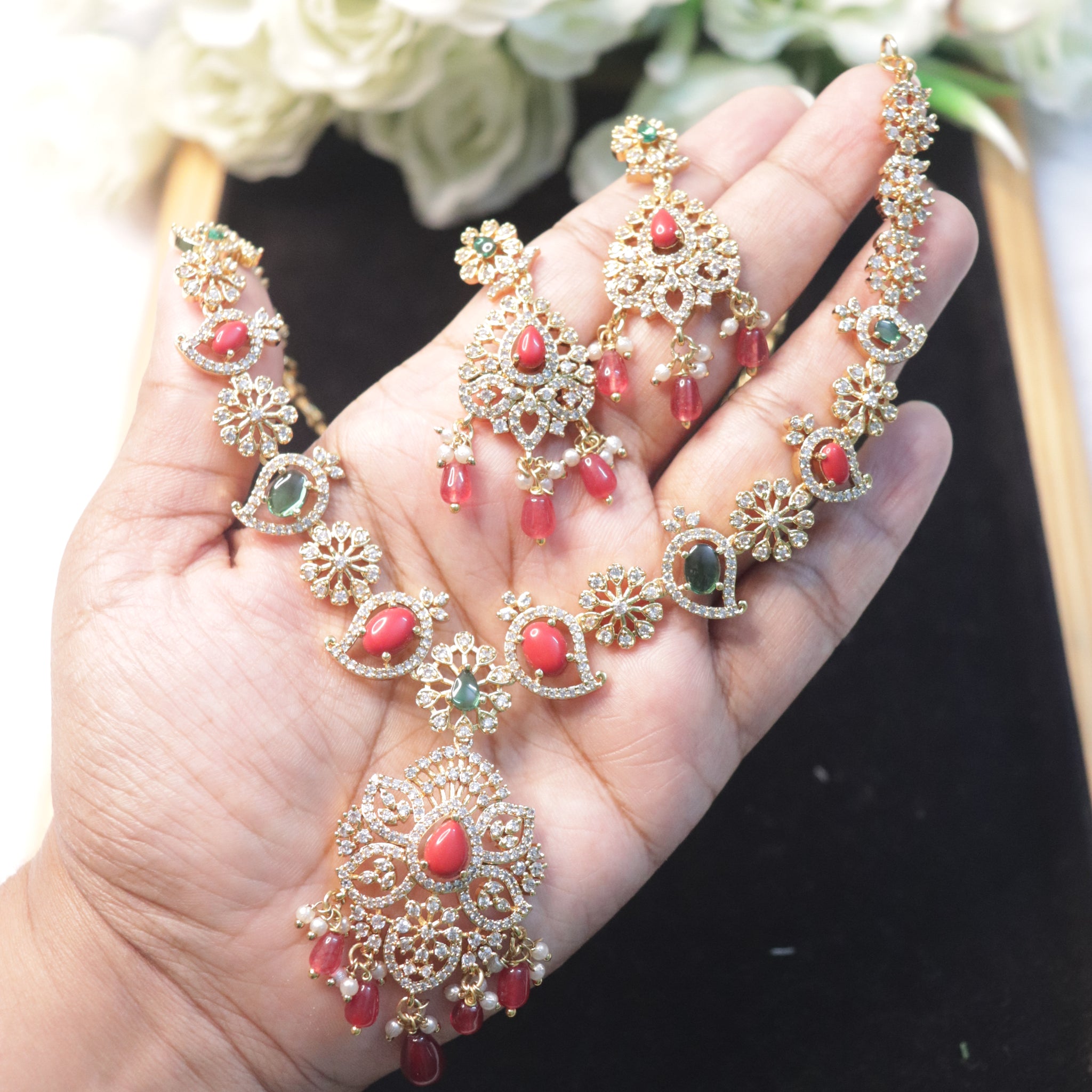 Rosalia Blossom Emerald & Coral Royale Necklace Set