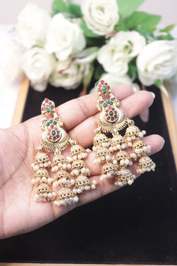 Matte Peacock Motif Triple Layer Jhumka Earrings