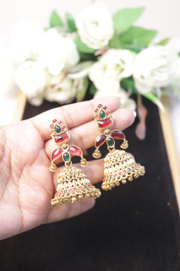 Matte Temple Style Stone-Studded Classic Jhumka Earrings
