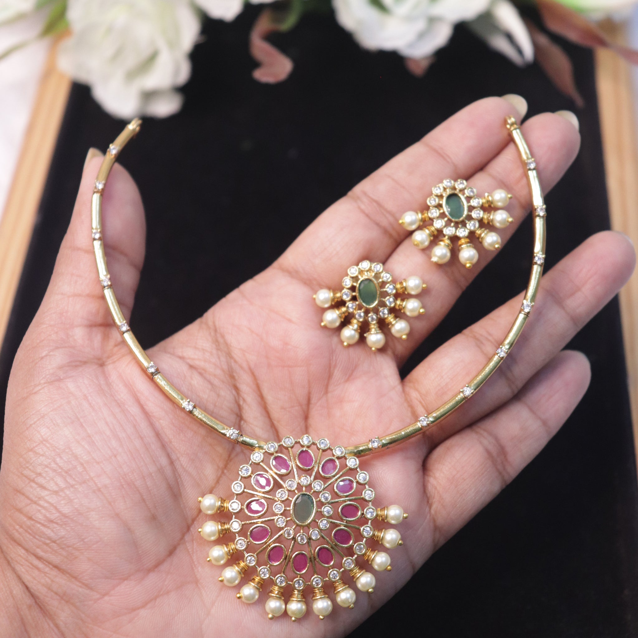 Regal Blossom AD Stone Pearl Necklace Set