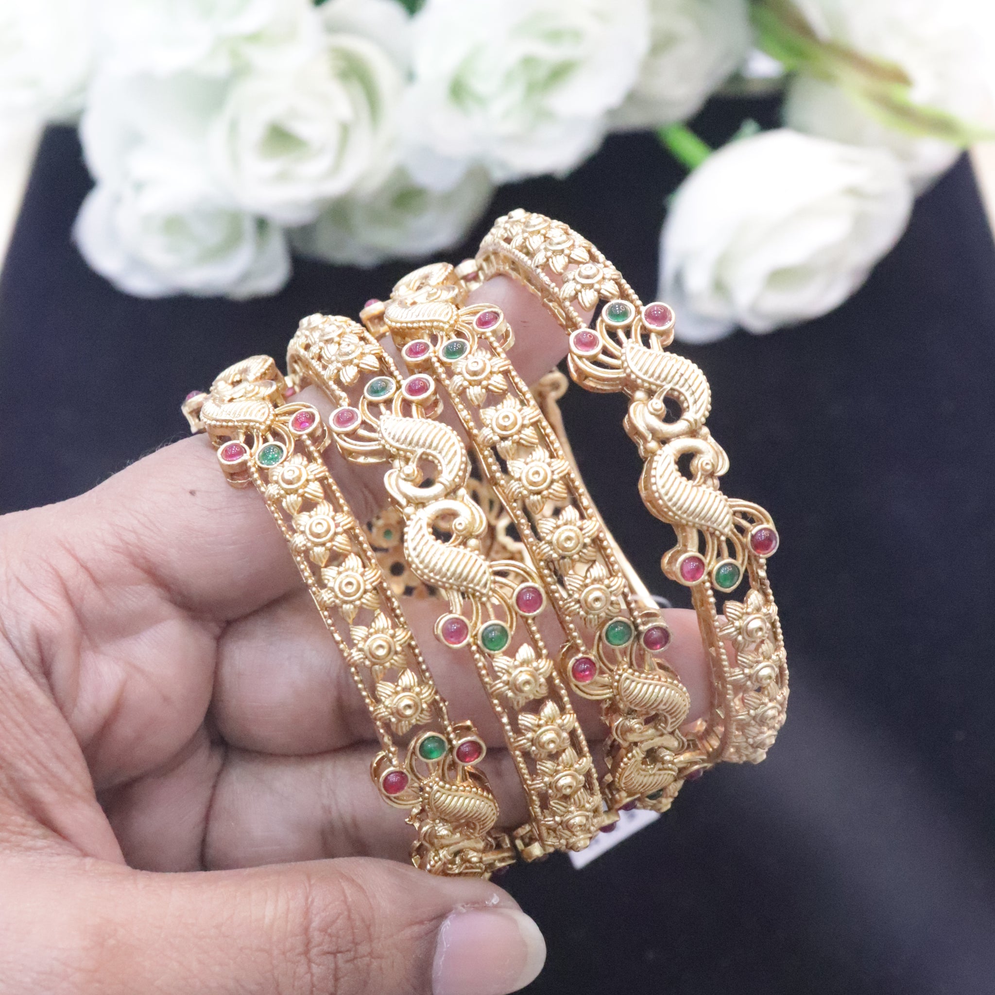 Golden Peacock Ruby Emerald Antique Bangles