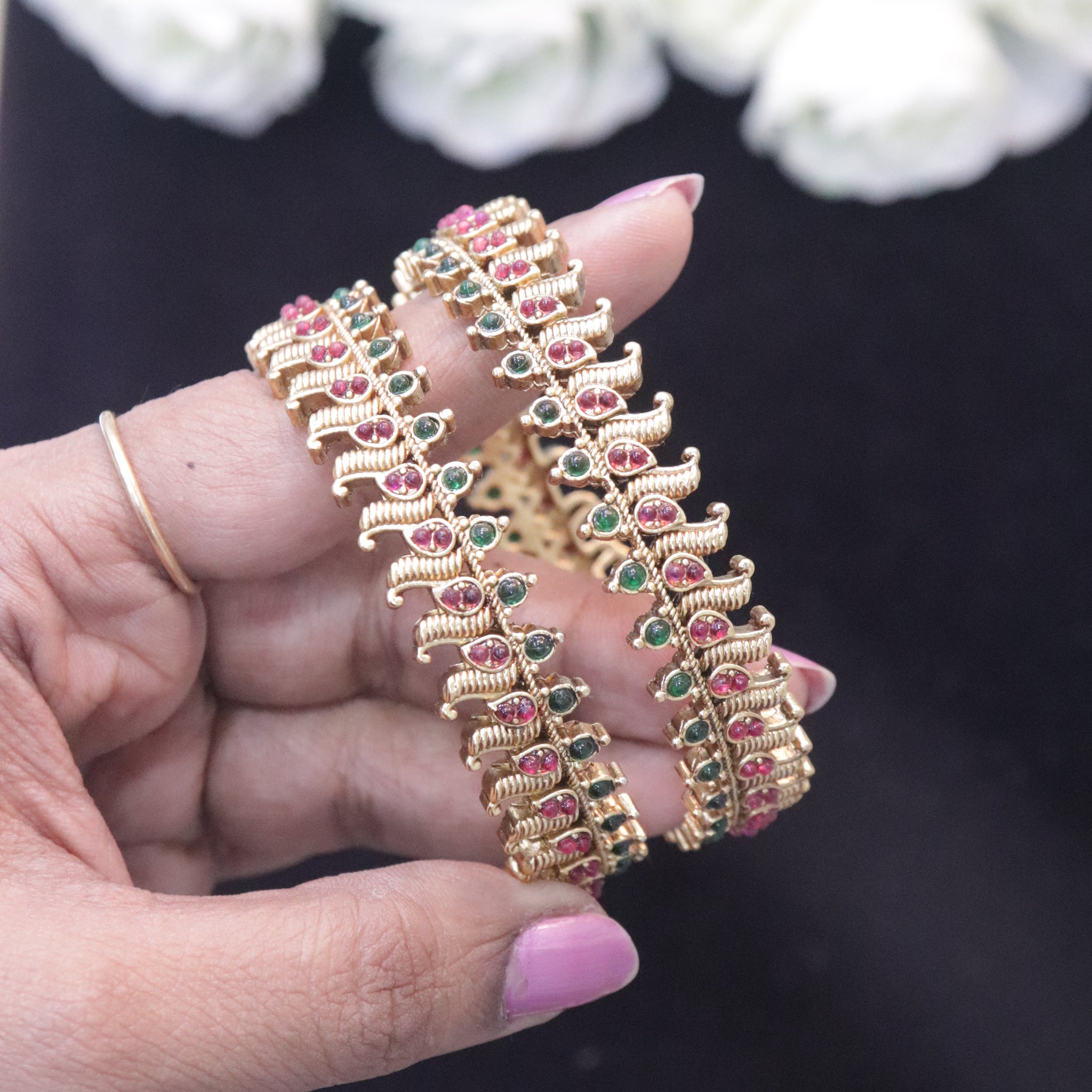 Golden Peacock Ruby Emerald Antique Bangles