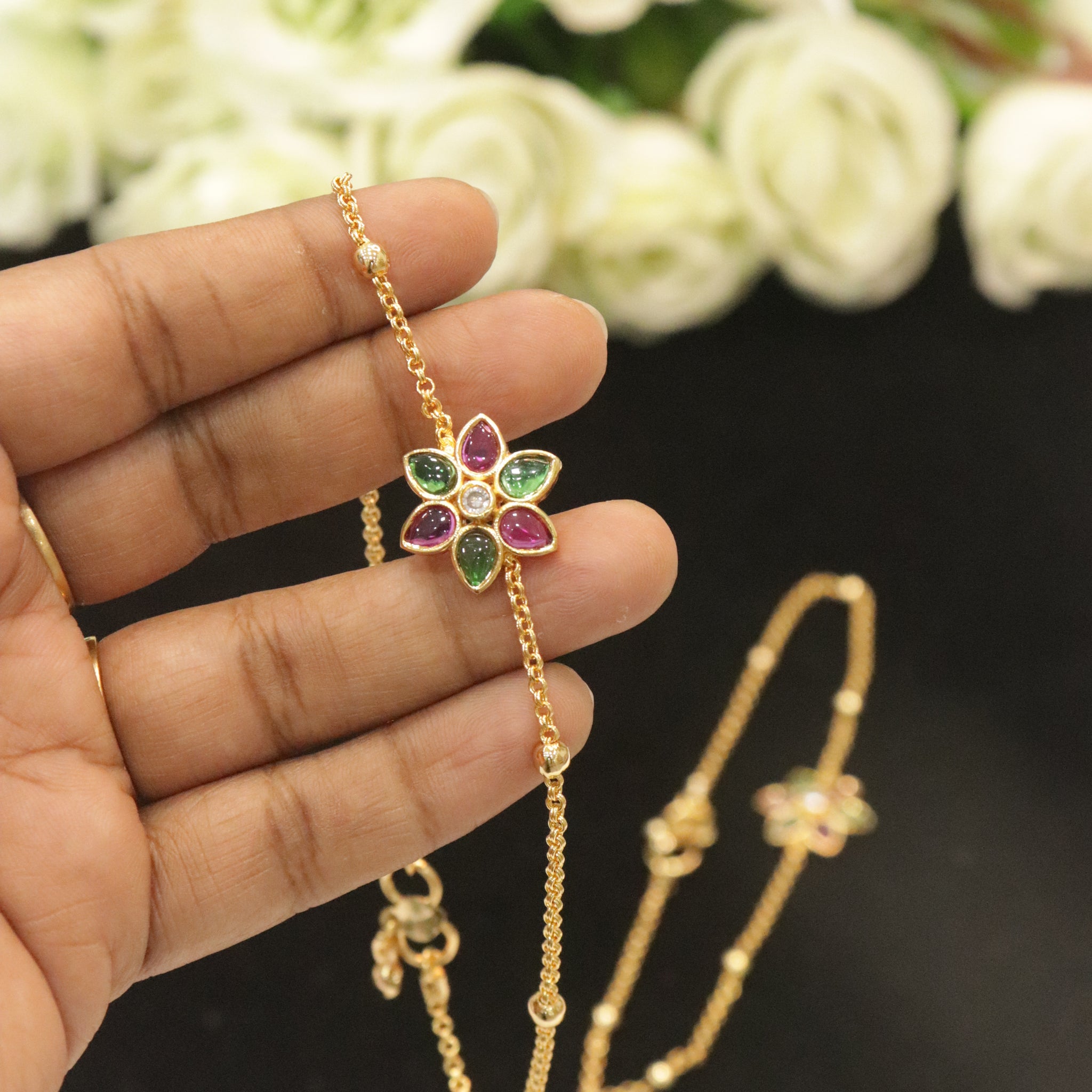 Floral Gemstone Charm Anklet
