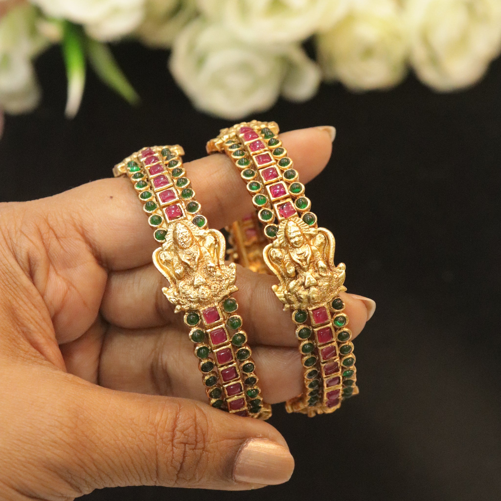 Divine Lakshmi Pink & Green Stone Antique Bangles