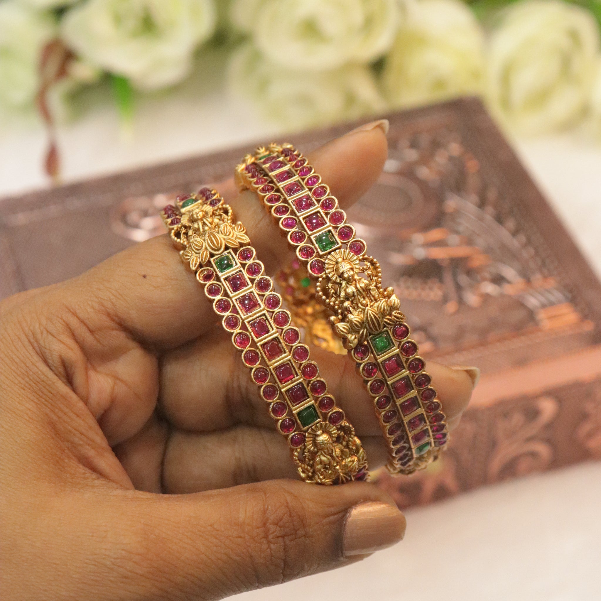 Royal Pink & Green Stone Lakshmi Antique Bangles