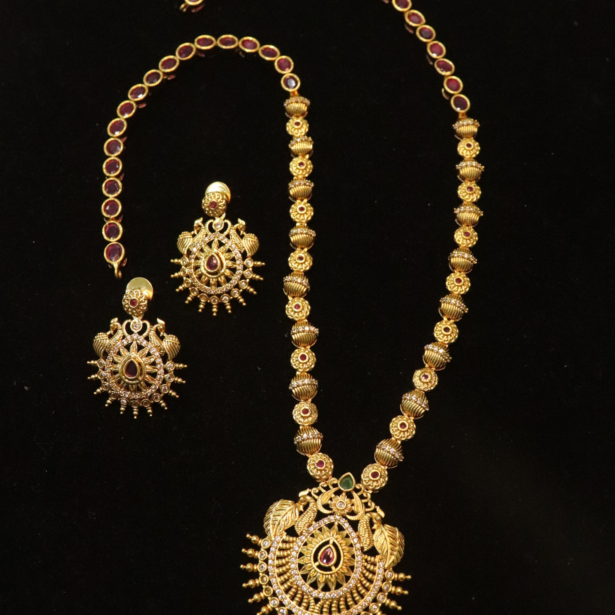 Antique Sunburst Ruby Temple Necklace Set