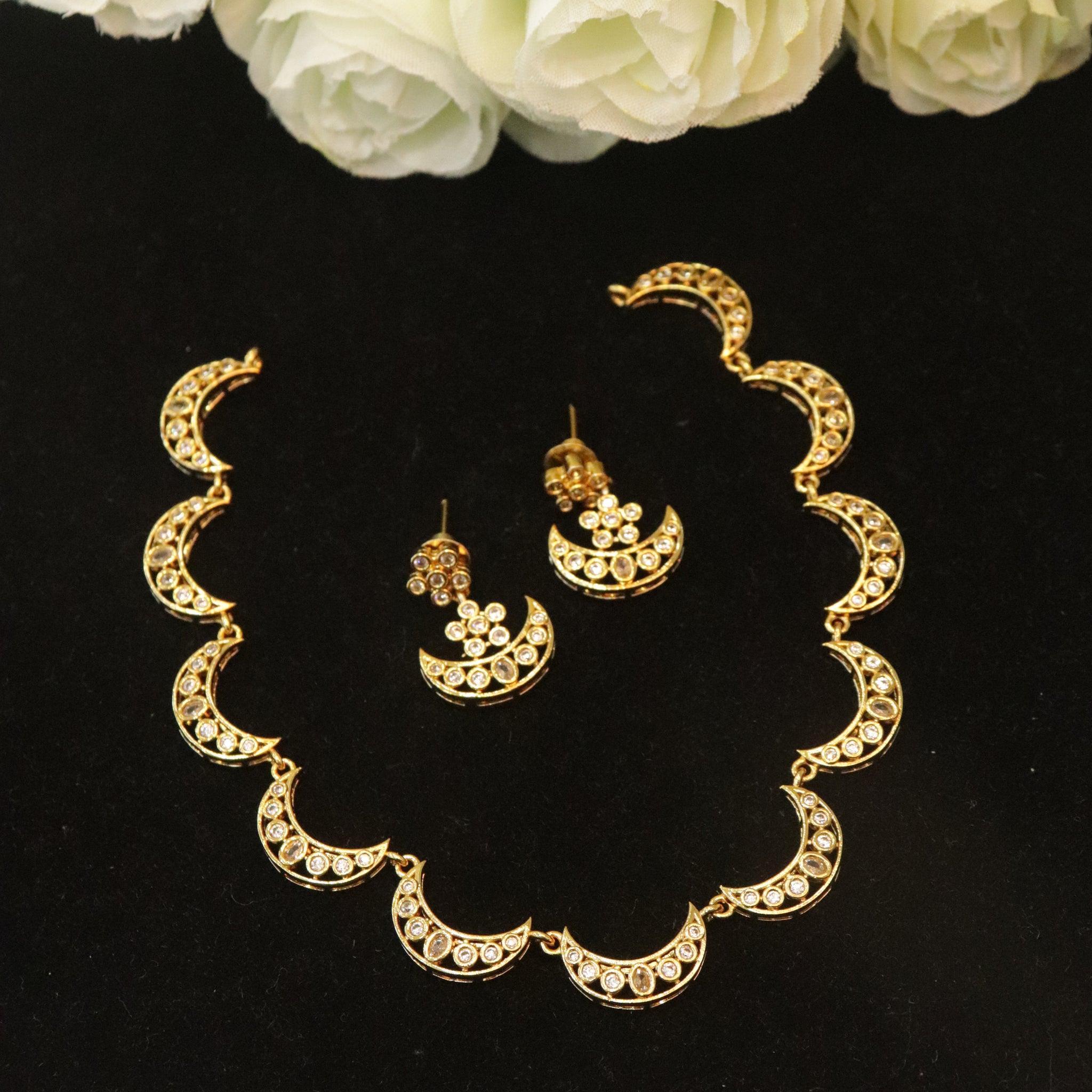 Celestial Glow Crescent AD Stone Necklace Set